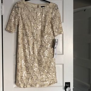 Cream Lace and gold sequin shift dress - size 6